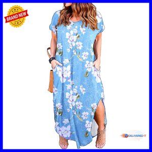 Plus Size Maxi Dress Loose Fit V Neck Short Sleeve Side Slits Pockets